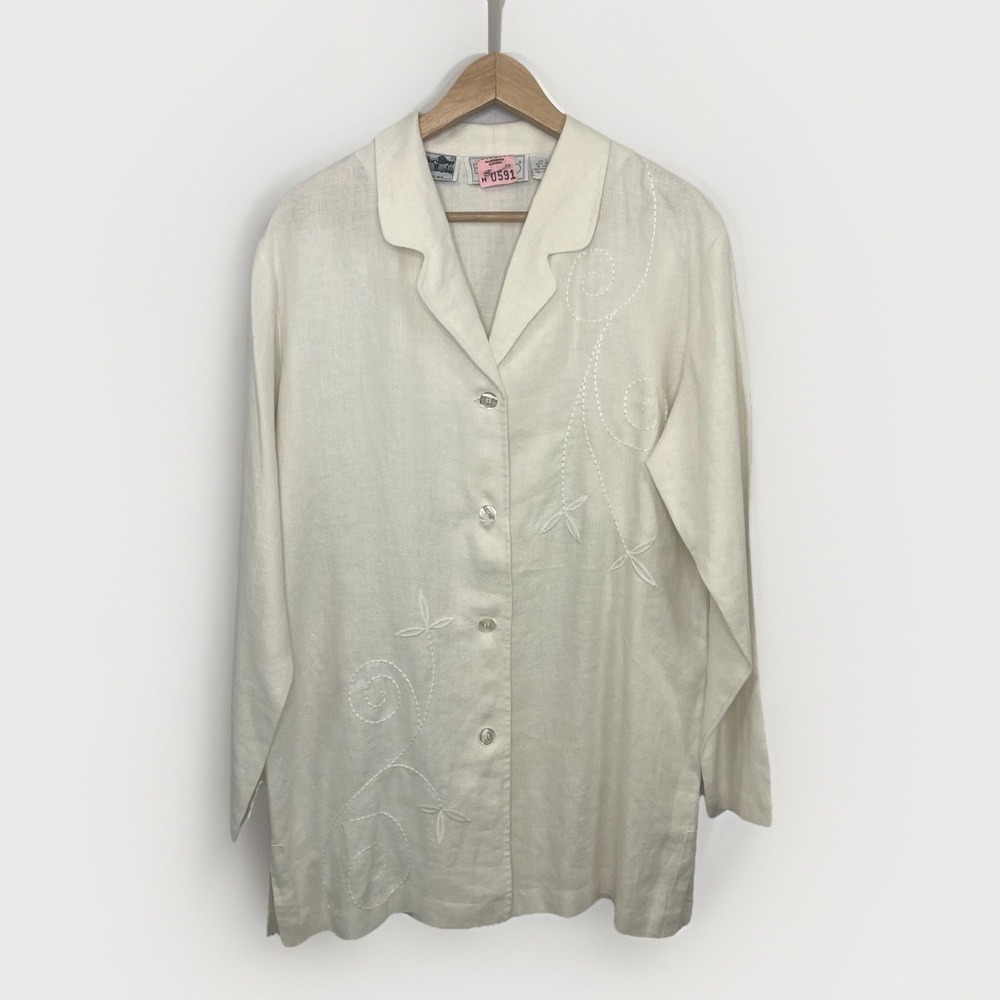 Edward Tunic Shirt Ivory Irish Linen Size L Long Sleeve Embroidered Florals‎